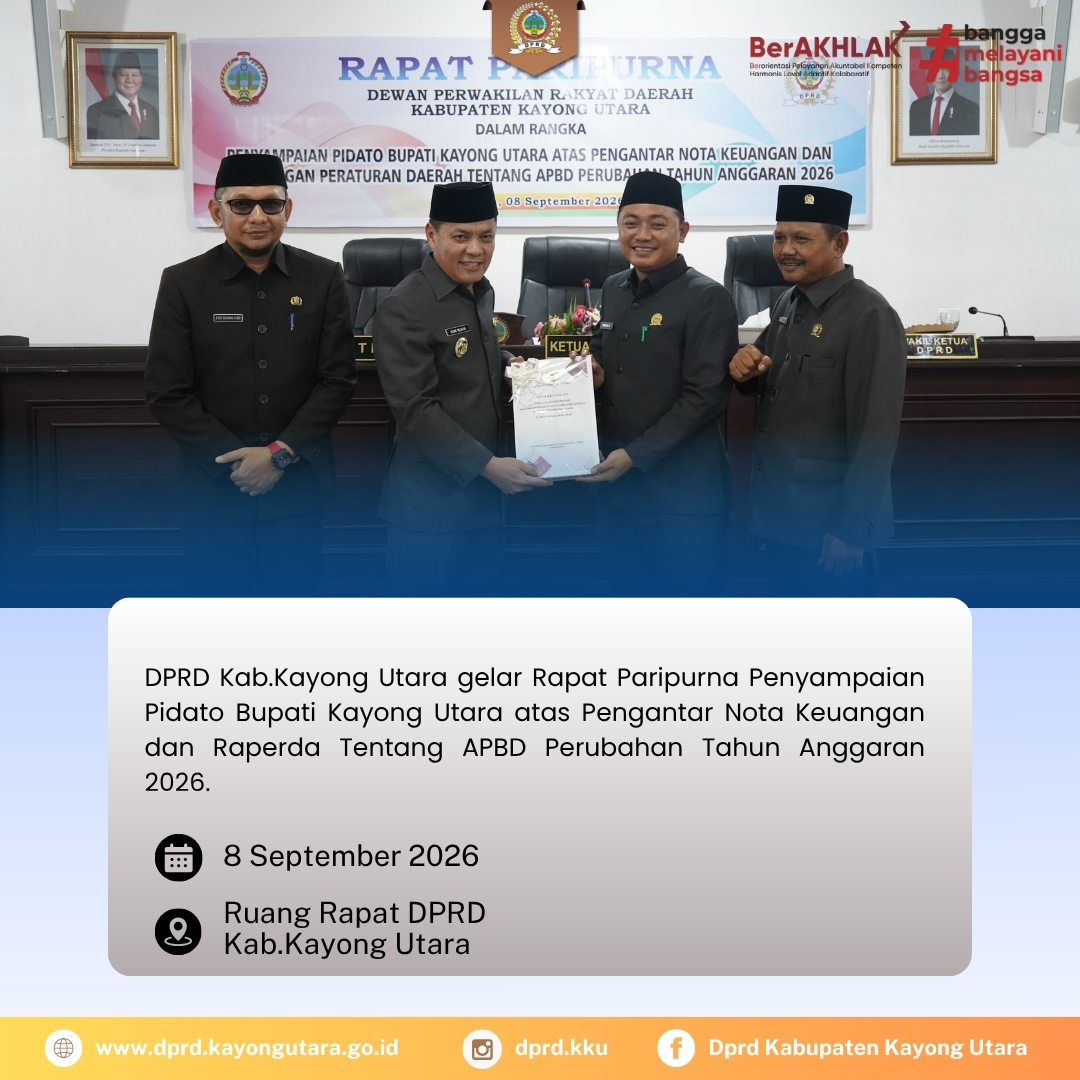 DPRD Kabupaten Kayong Utara gelar Rapat Paripurna Penyampaian Pidato Bupati Kayong Utara atas Pengantar Nota Keuangan dan Raperda Tentang APBD Perubahan Tahun Anggaran 2026. Ruang Rapat DPRD Kab. Kayong Utara (08/09/2026)